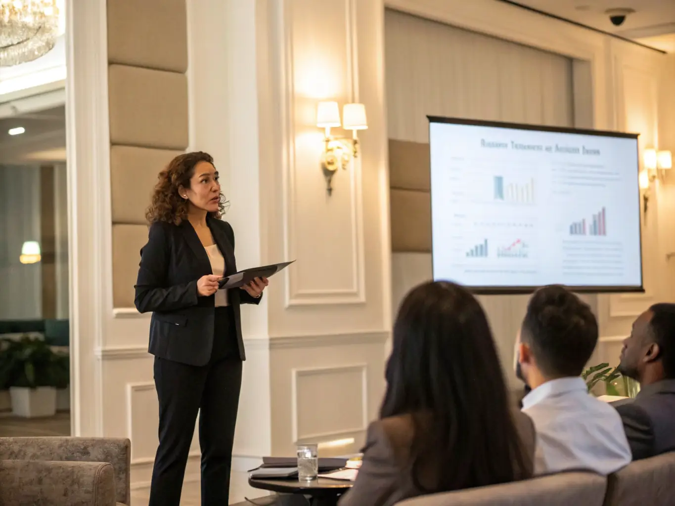 An inspiring image of a woman entrepreneur confidently presenting her business plan to potential investors, showcasing her leadership and vision.