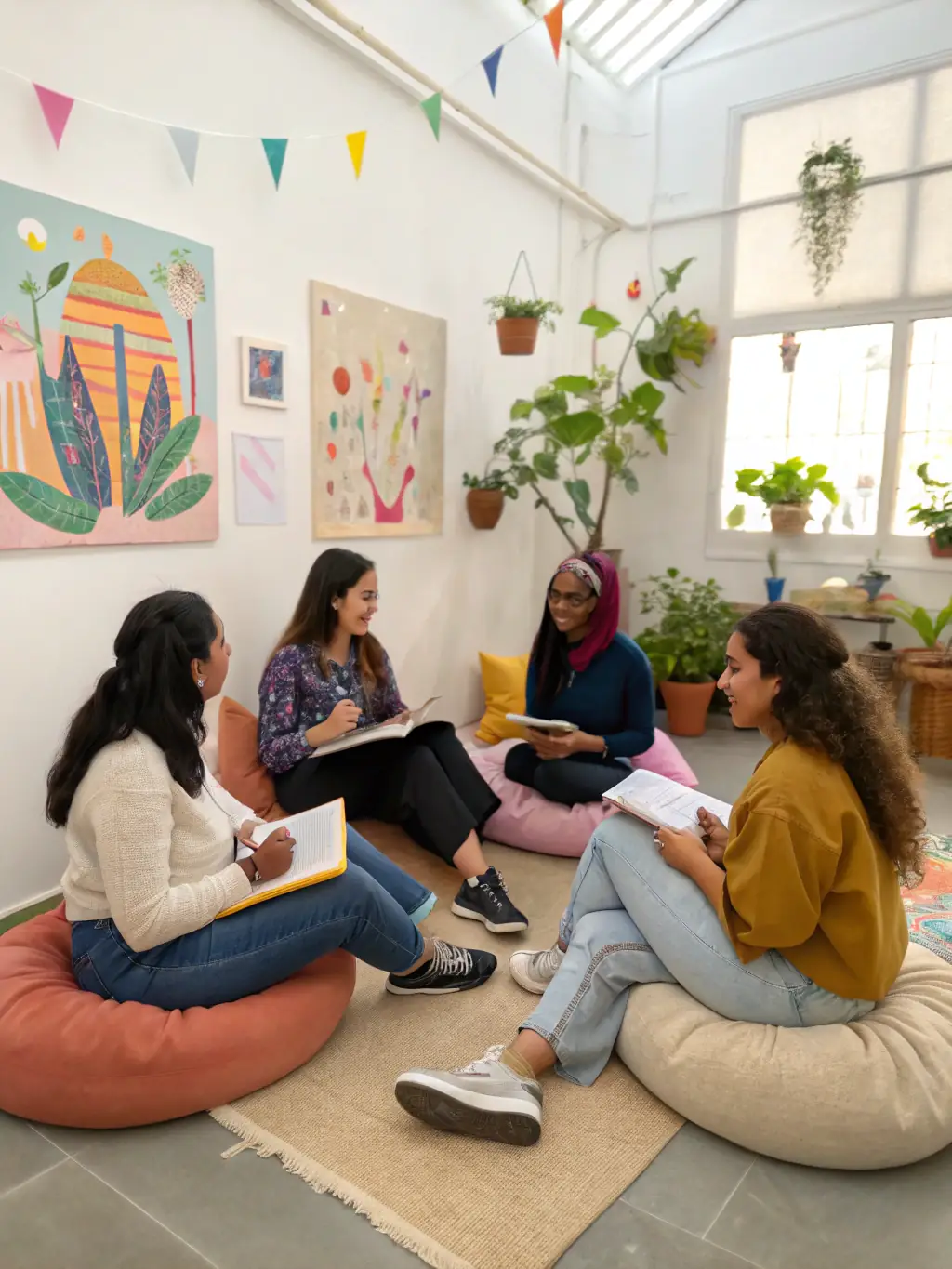 A photograph of a diverse group of women participating in a coaching workshop, actively engaged in discussions and collaborative activities.
