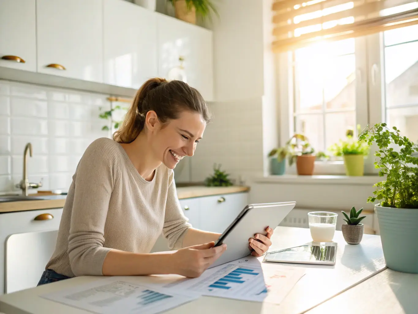 A confident woman entrepreneur in a modern office setting, reviewing financial documents with a smile, symbolizing financial empowerment and strategic planning.