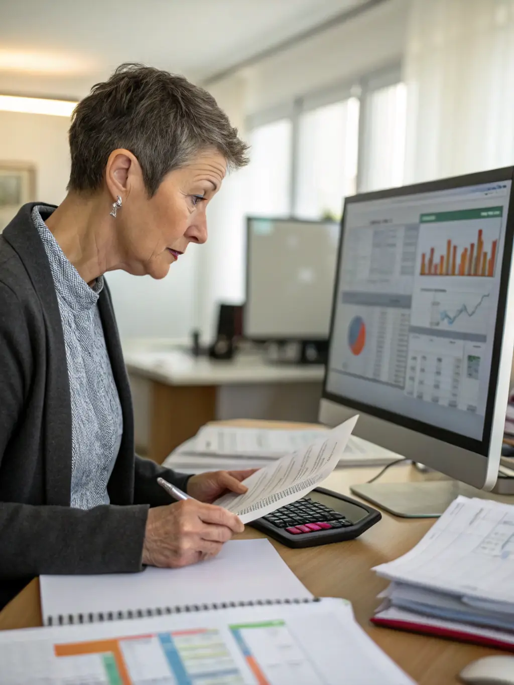 A picture of a woman sitting at a desk, reviewing financial documents with a focused expression, highlighting the importance of financial literacy.