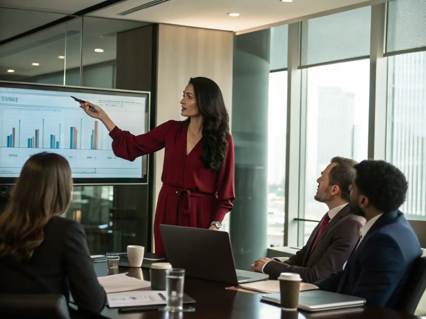 A woman entrepreneur confidently presenting her business plan to potential investors, showcasing her vision and strategic thinking, symbolizing business acumen and growth.