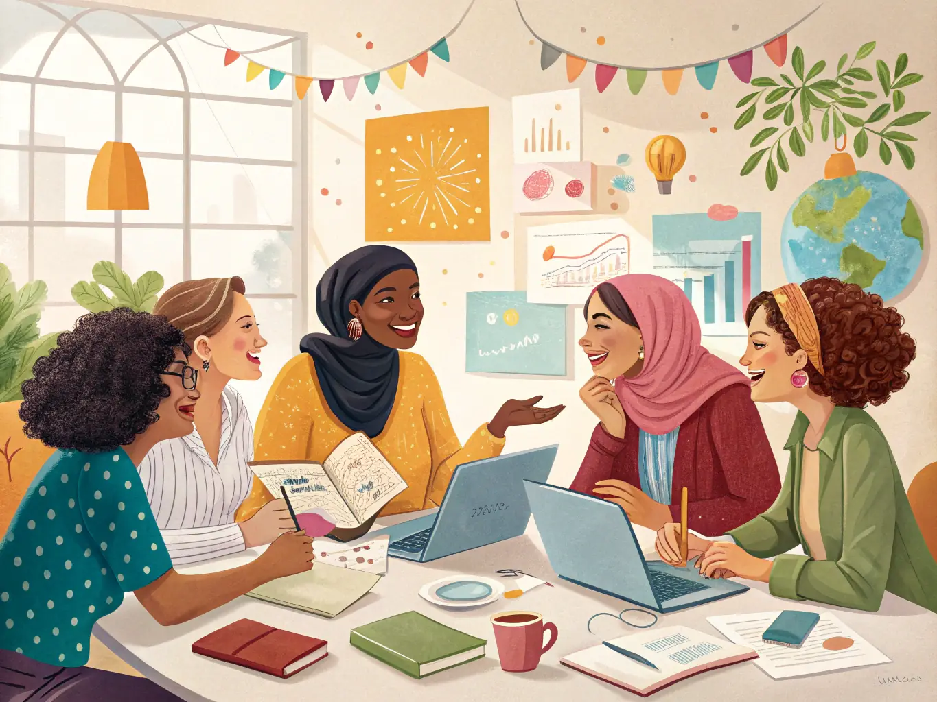 A vibrant image of a diverse group of women participating in a coaching workshop, collaborating and sharing ideas in a supportive environment.