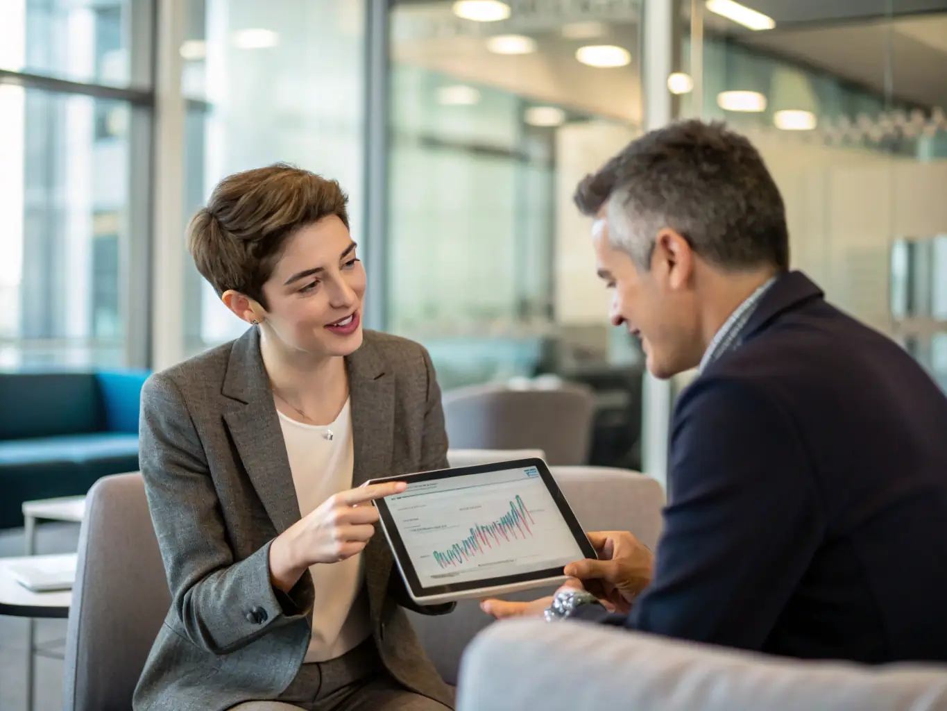 A professional woman coach guiding a female entrepreneur through a financial planning session, using charts and graphs to illustrate investment strategies.