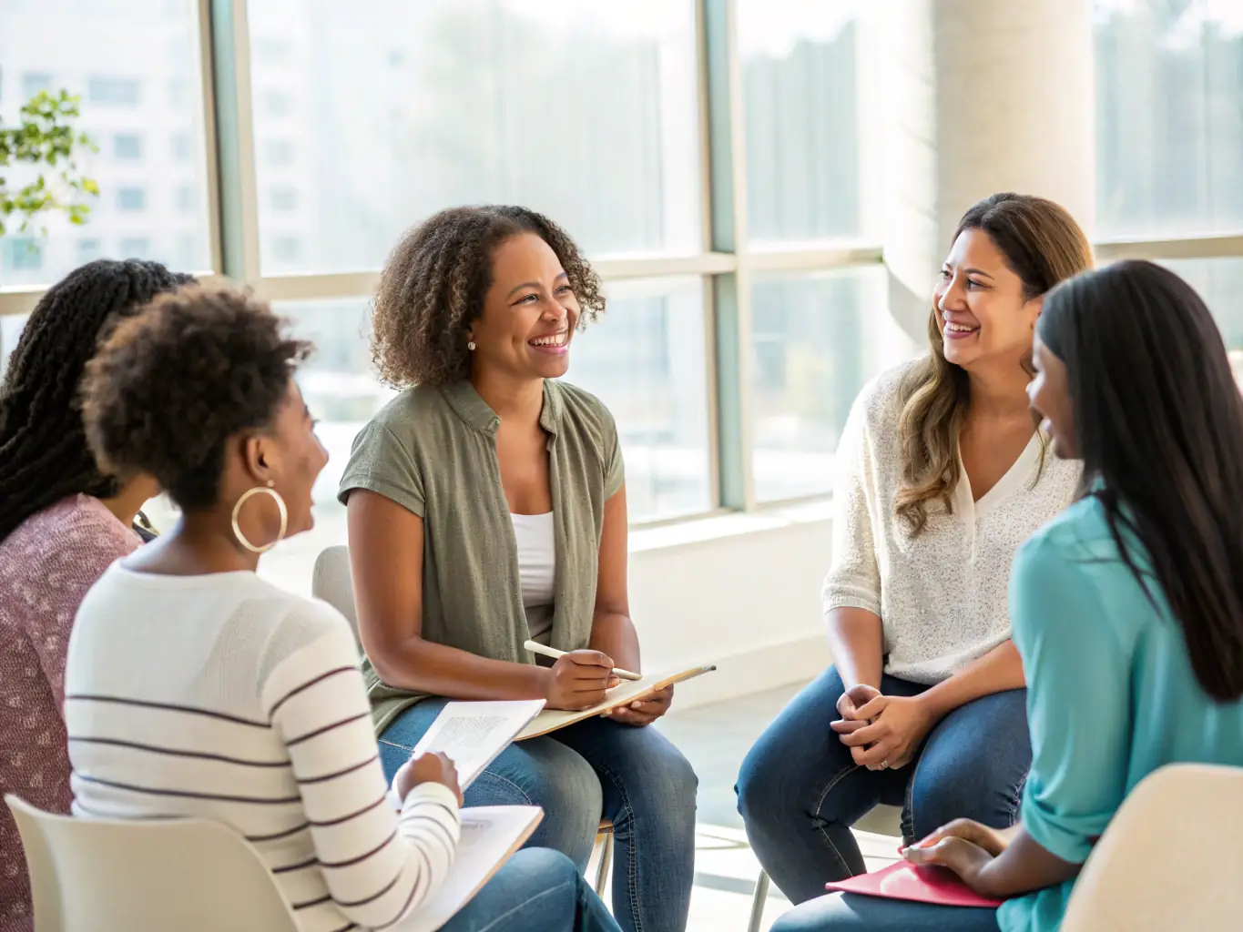 A diverse group of women participating in a coaching session, actively engaged in discussions and collaborative problem-solving, representing community and shared learning.